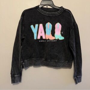 Simply Southern Ribbed Cropped Black Y'all Boots Sweatshirt‎ Western Country S
